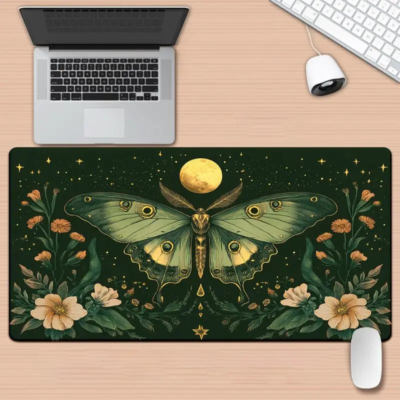 VIKAMA Dark Green Luna Moth Large Desk Pad Non Slip Gaming Mousepad Wildflower Moon Art Keyboard Mat Desktop Decor Accessories