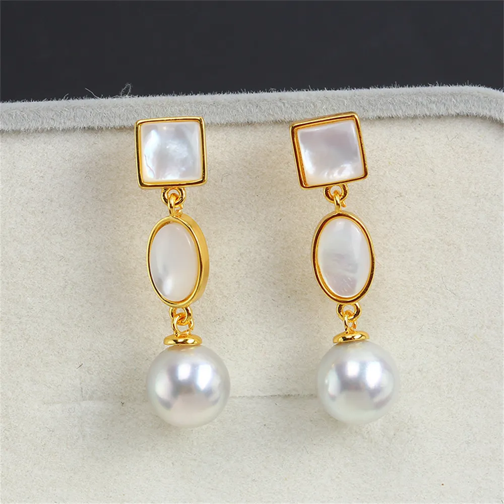 

S925 Silver Needle Geometric Connection Shell Pearl Earrings 14K Gold Wrapped Earstuds Empty Holder DIY Accessories