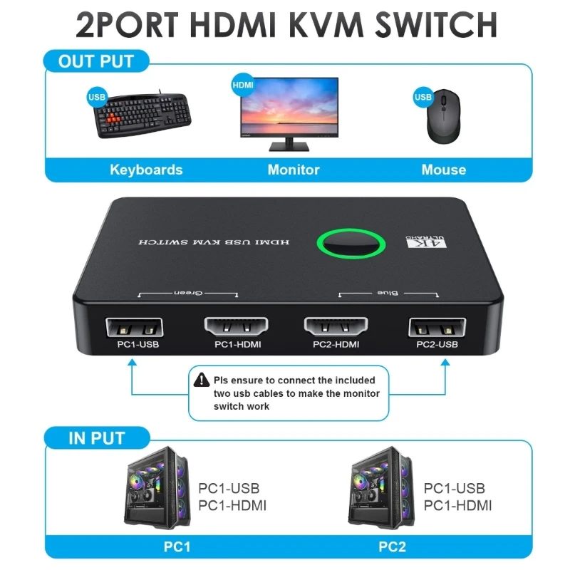 Custodia per commutatore KVM USB Monitora tastiere mouse per controllare 2 accessori per apparecchiature selezione KVM USB