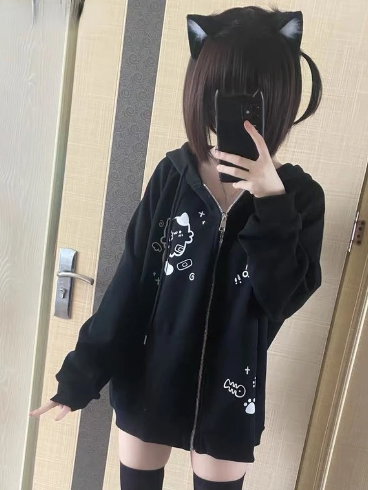 Japanese Kawaii Hoodies Women Drawstring Sweatshirt Grunge Clothes Girl Y2k Aesthetic Cartoon Print Harajuku Casual Streetwear