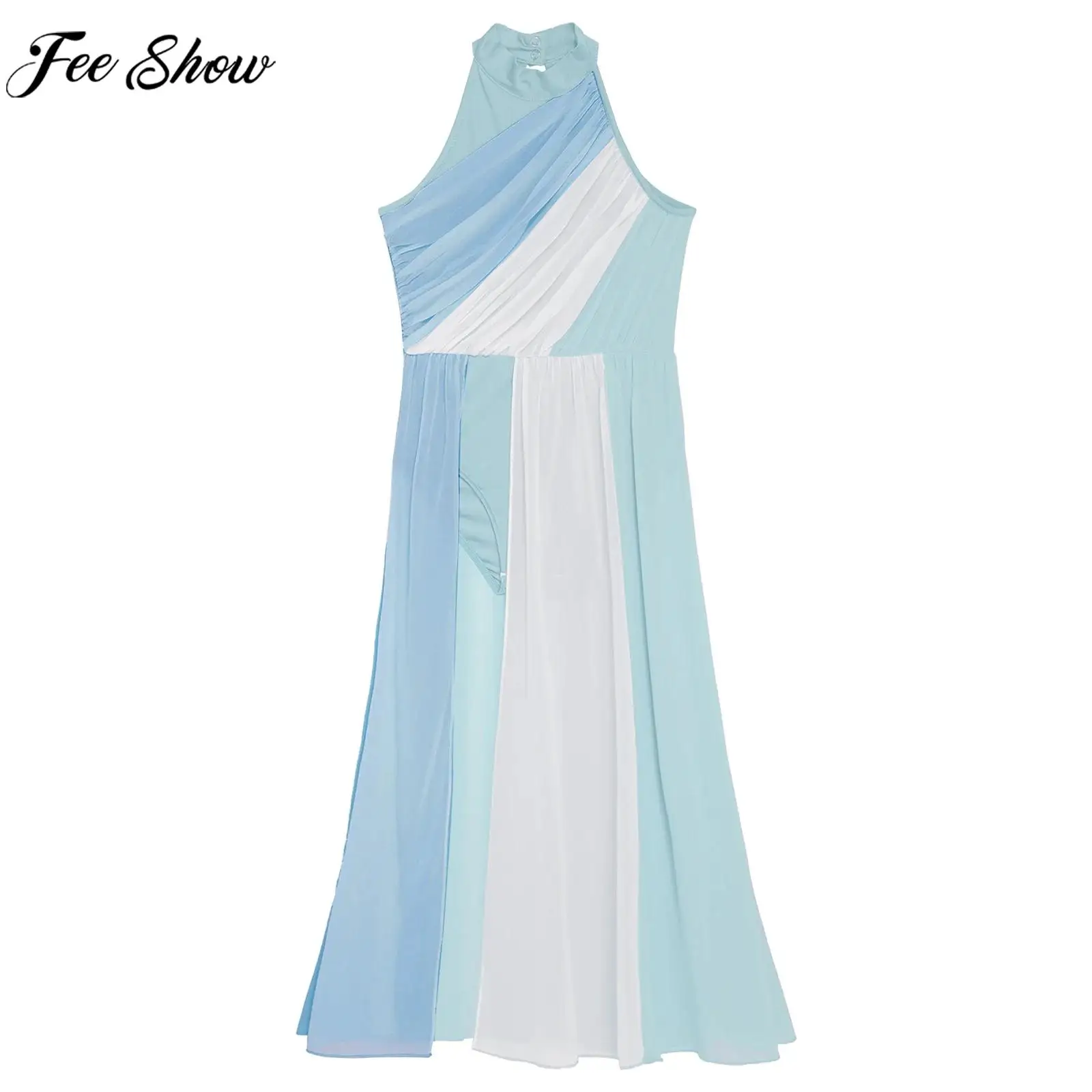 

Children Girls Modern Lyrical Dance Dress Figure Skating Ballet Gymnastics Costume Sleeveless Color Block Split Maxi Dresses