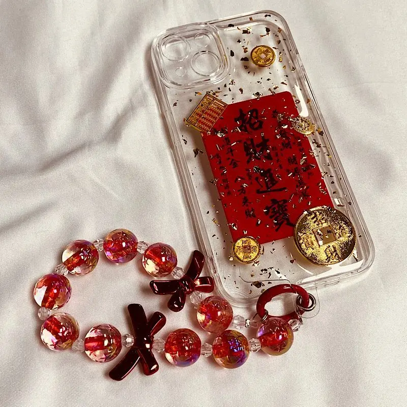 3D Gold Foil Gold Coin Phone Case for iPhone 16 Promax 15 14Pro 13 12 11 Chinese Style Phone Protection Back Cover with Bracelet