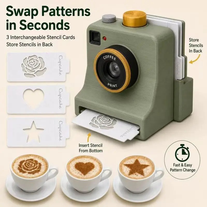 Camera Shaped Coffee Stencil Dispenser 3D Printed Latte Art Decor Coffee Lover Gift