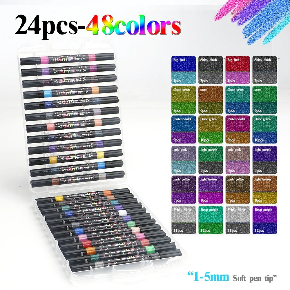 

Набор маркеров с блестками (12/24 шт.): двусторонние, с мягким наконечником, двухцветные, флуоресцентные, для граффити и рисования, для студентов