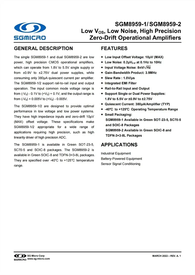 10Pcs/Lot SGM8959-2XS8G/TR SOIC-8,SGM8959,Low VOS,Low Noise,High Precision Zero-Drift Operational Amplifiers,electronics