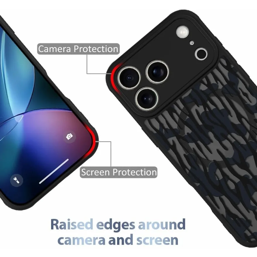 아이폰 17 프로용 케이스 [MagSafe 호환] 블랙 카모플라주 패턴 디자인 여성 소녀 남성용 소프트 TPU 범퍼