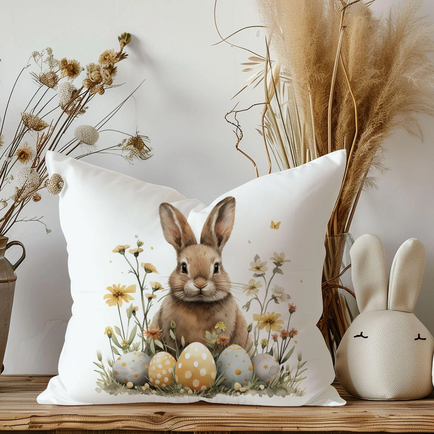 Easter Bunny Pillow, Cute Rabbit with Easter Eggs, Spring Floral Cushion, Easter Decor, Spring Home Accent, double-sided print