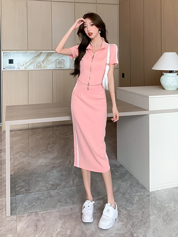

Casual Chic Two-Piece Set High Waist Skirt And Zipper Top Women's Summer Fashion Ensemble Name Lady Design Sensation