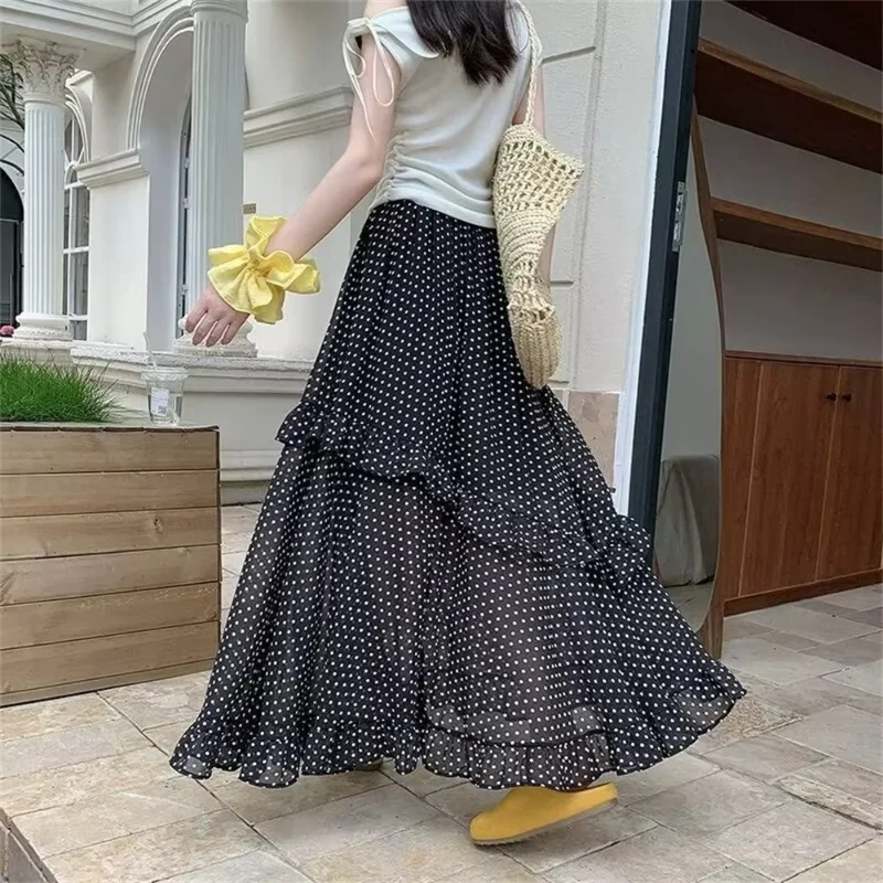 Korean Style Irregular Ruffles Dot Women's Skirts 2026 Spring Summer New Vintage Elastic Waist Skirts Fashion A-line Beach Skirt
