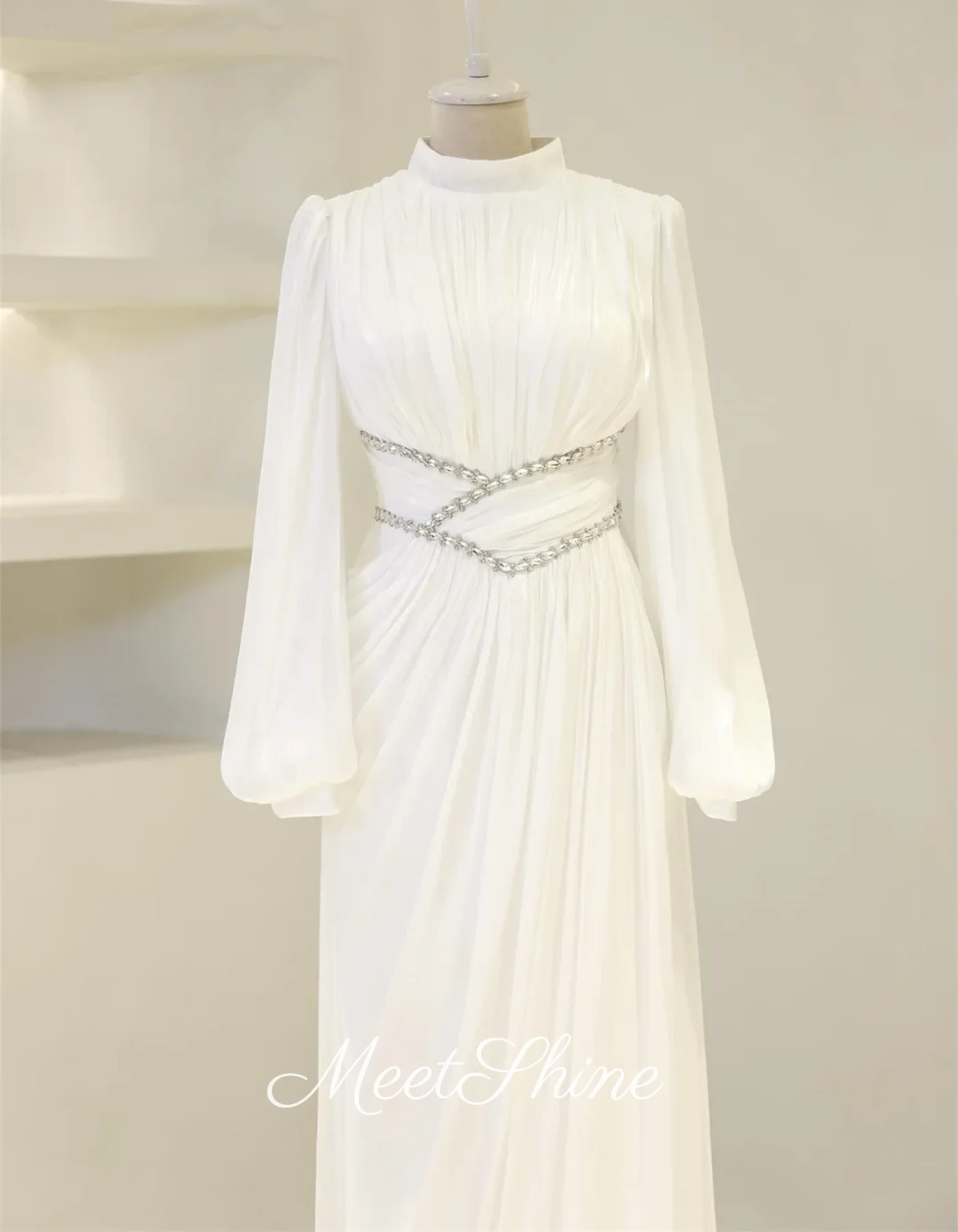 Dubai maniche lunghe abiti da sera in chiffon azzurro cielo moderno collo alto pieghettato perline cristalli abito da festa abiti da ballo personalizzati