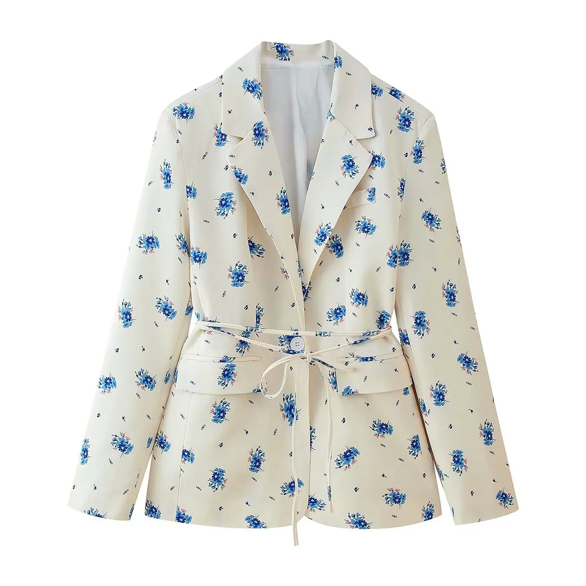Jaqueta Fena de Moda Primavera, Estampada, com Gola Alta e Cinto, em Fibra de Poliéster Bicolor, Casaco Casual de Manga L...
