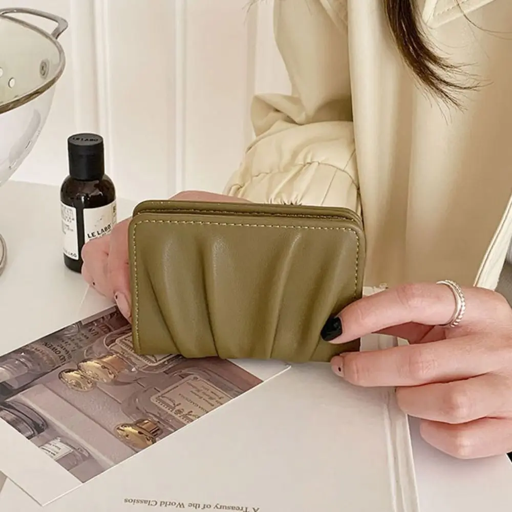

Elegant Foldable Wallet Korean Style Multiple Card Slots Mini Coin Purse PU Leather Solid Color Wrinkled Card Holder Girls