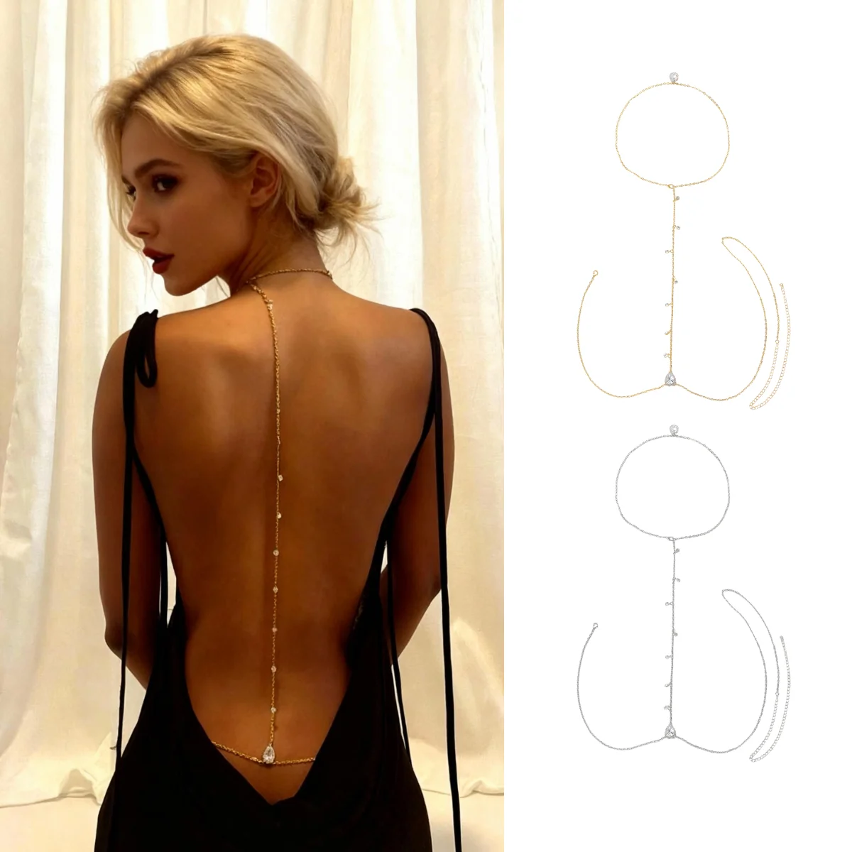 

Bride Backless Rhinestone Waterdrop Body Chain Belly Waist Necklace for Women Mom Girlfriend Summer Beach Body Jewelry