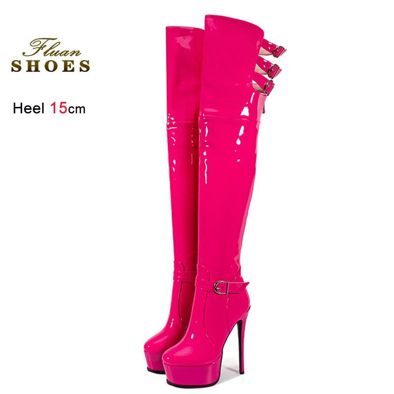 

Sexy Fall Winter Rose Red Women's Over-the Knee High Boots Thin Heels 15cm Platform Belt Buckle Back Zipper Pole Dance Shoes CD