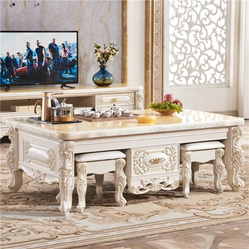 Marble Living Room, Simple and Multifunctional Kung Fu Tea Table, All Solid Wood with Chairs for Brewing Tea