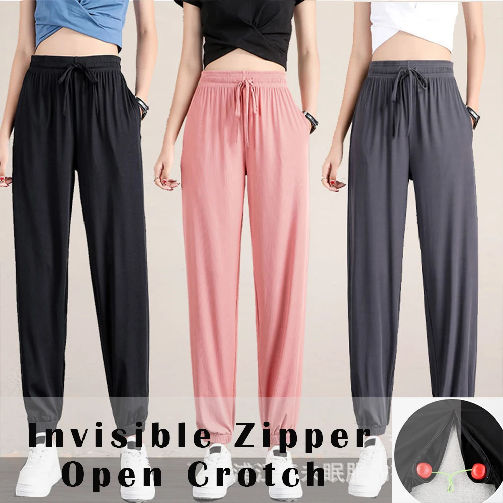 

Summer Zipper Crotch Soprts Ice Silk Loose Women Pants High Waist SweatPants