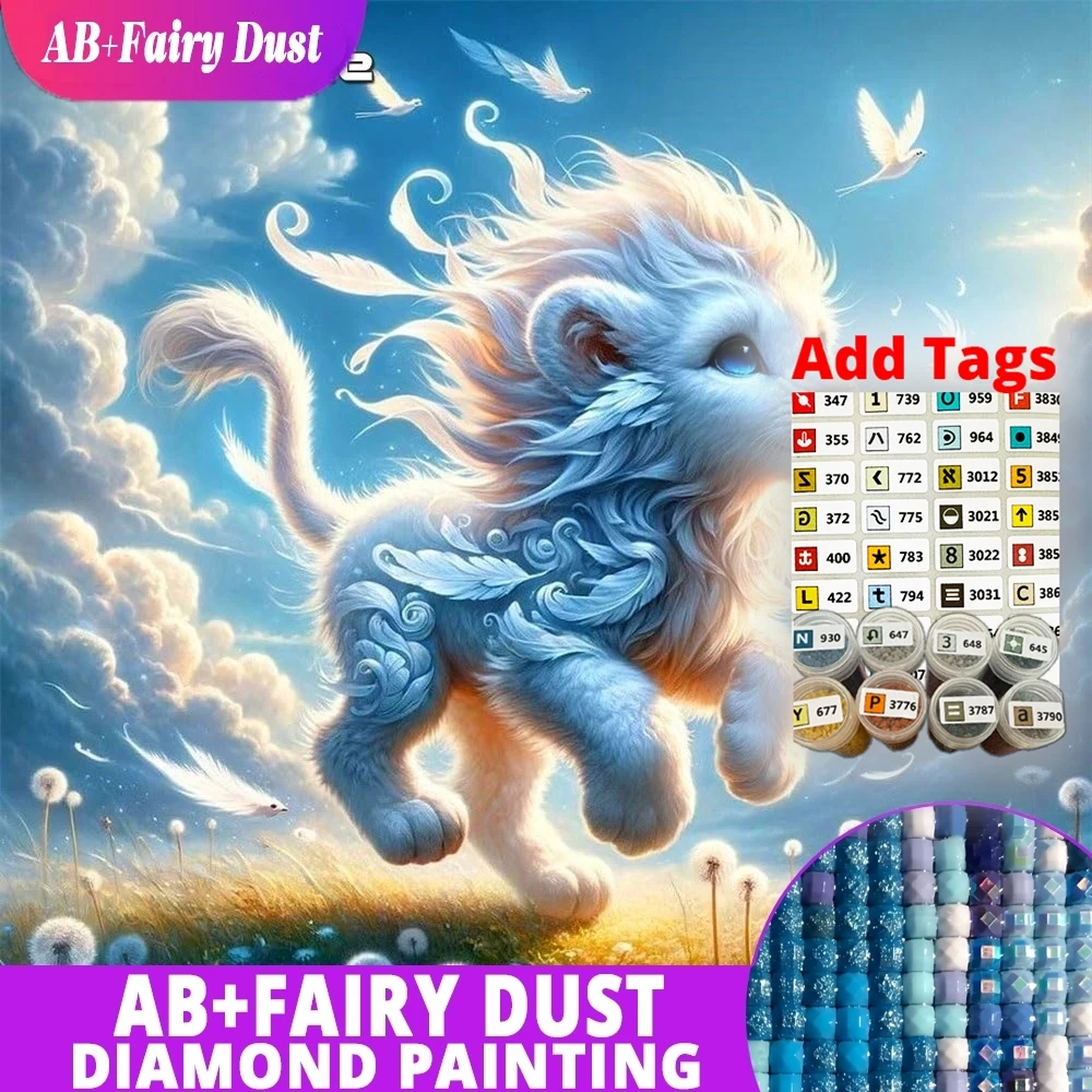 AB Fairy Dust Fantasy Diamond Mosaic Lion Cub Dandelion Sky Full Square Round Painting Picture Embroidery Wall Art Home Decor