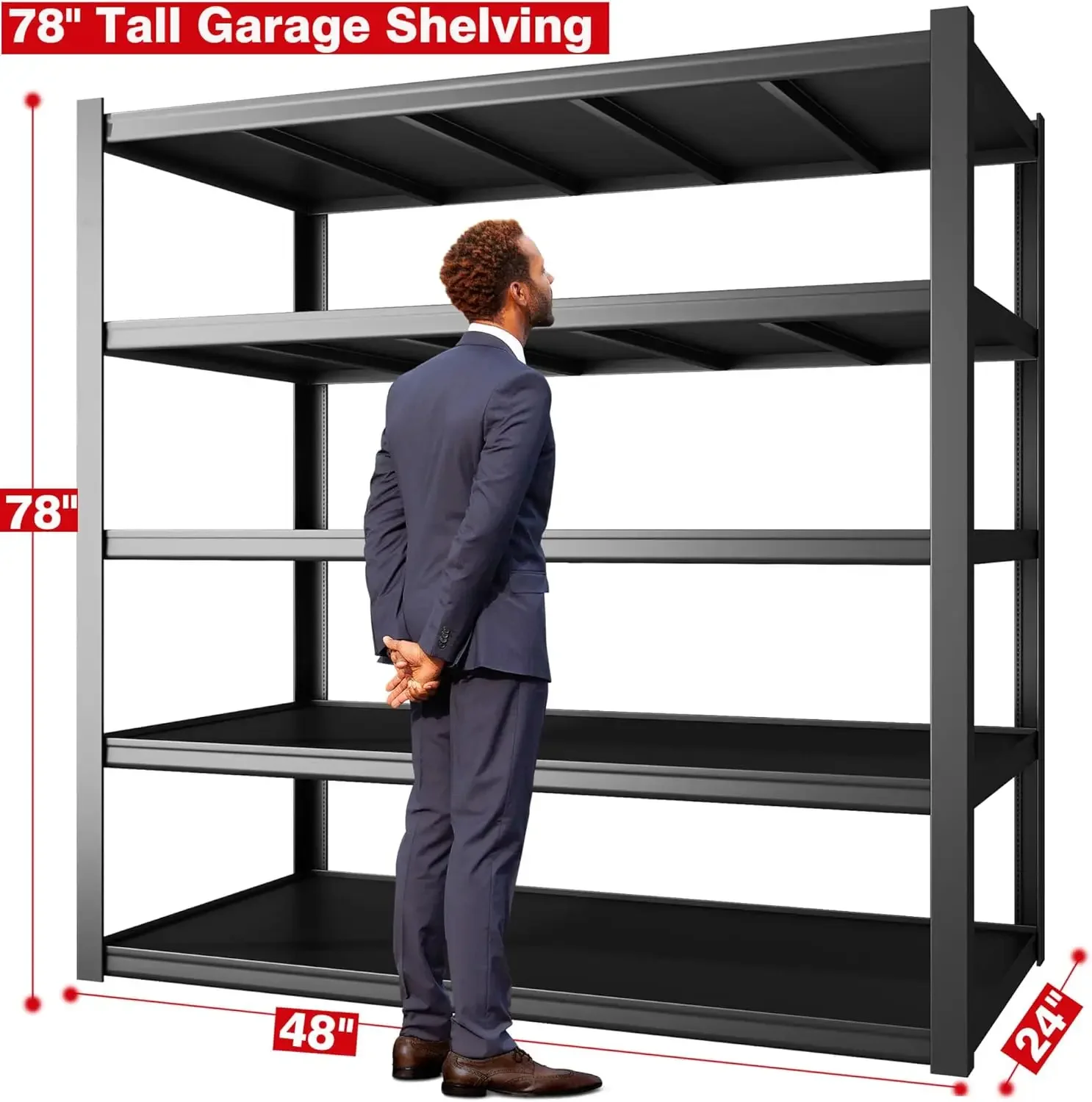 Scaffale per garage resistente da 48 pollici di larghezza, ripiani per garage da 3000 libbre Scaffale in metallo da 78 pollici di altezza regolabile, scaffale a 5 livelli