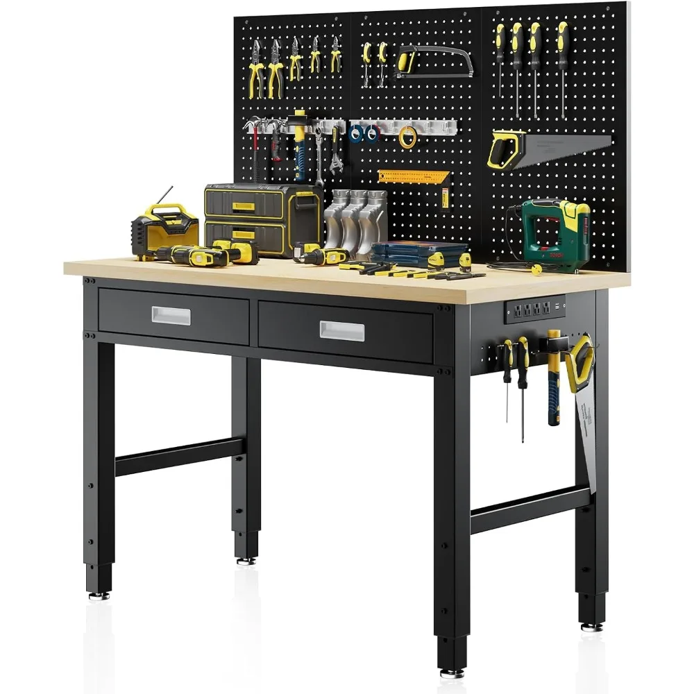 

Heavy Duty Workbench with Power Outlets, Pegboard & Storage Drawers, 2000 LBS Capacity Rolling Work Table with Wheels, Hooks