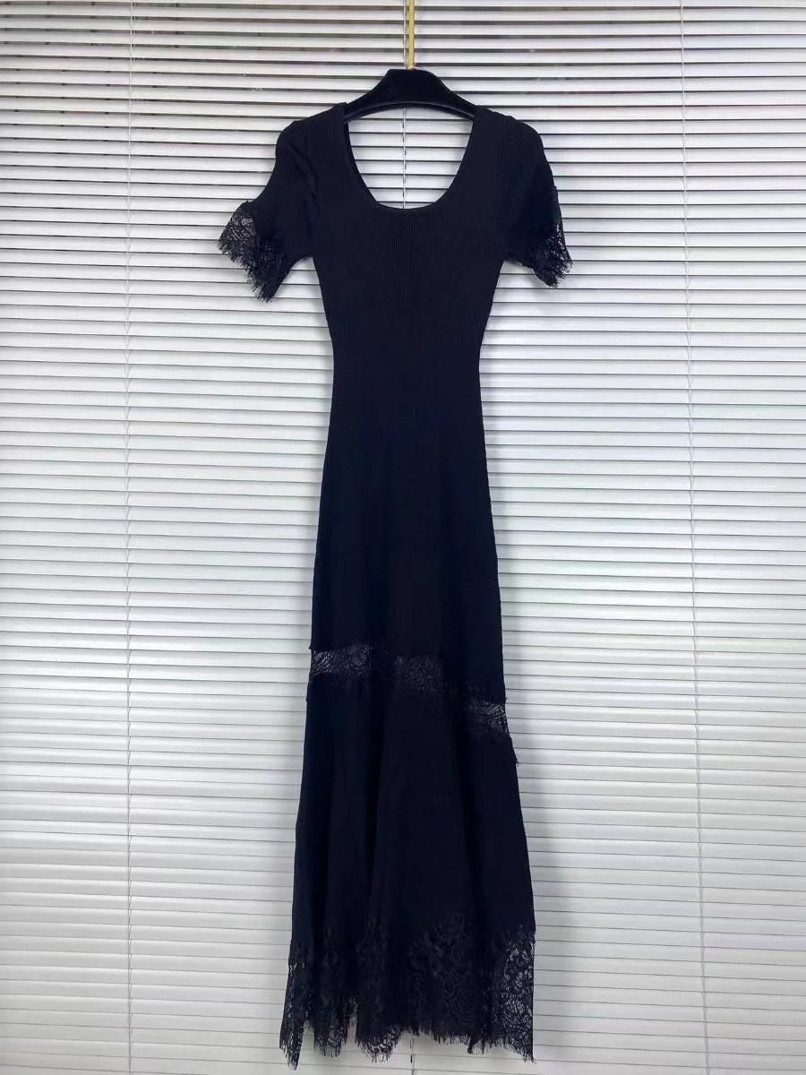 VGH Romantic Dates Brown Ribbed Knit Mermaid Dresses for Women U Neck Short Sleeve Lace Trimmed Midi Skirt for Office Commute image 3