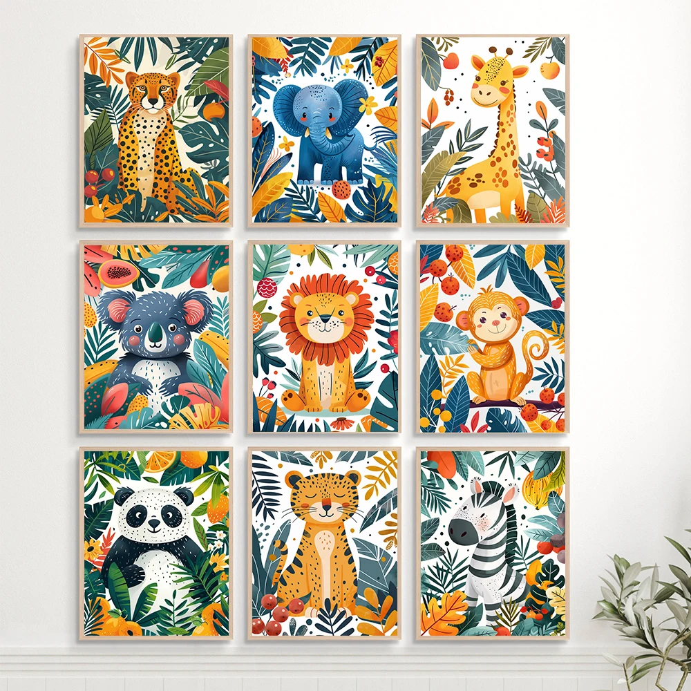 سفاري الحضانة غرفة الطفل ديكور الحيوان صور الفيل الباندا الزرافة النمر الرسم على لوحات القماش الجدارية غرفة اللعب طفل غرفة ديكور