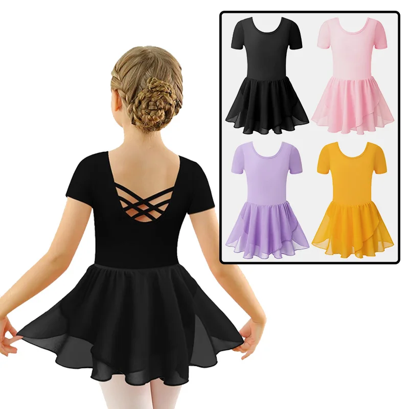 Body da danza classica per ragazza, manica corta, girocollo, per ragazza, ginnastica, gonne da ballo con cinghie incrociate sul retro