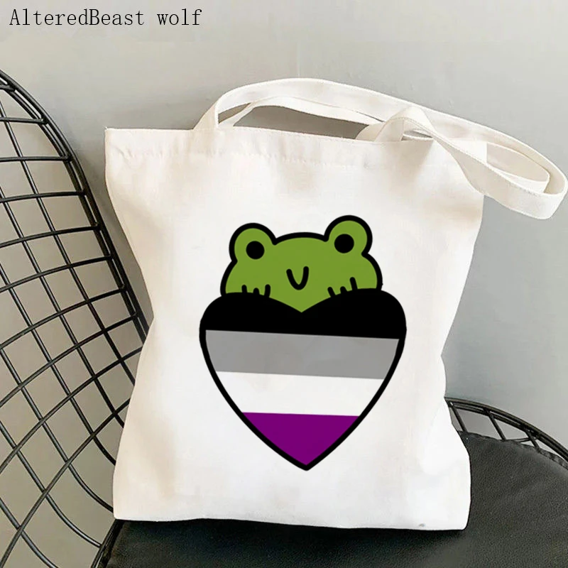 

Women Shopper bag Pride Frogs Asexual Flag Bag Harajuku Shopping Kawaii Canvas Shopper Bag girl handbag Tote Shoulder Lady Bag