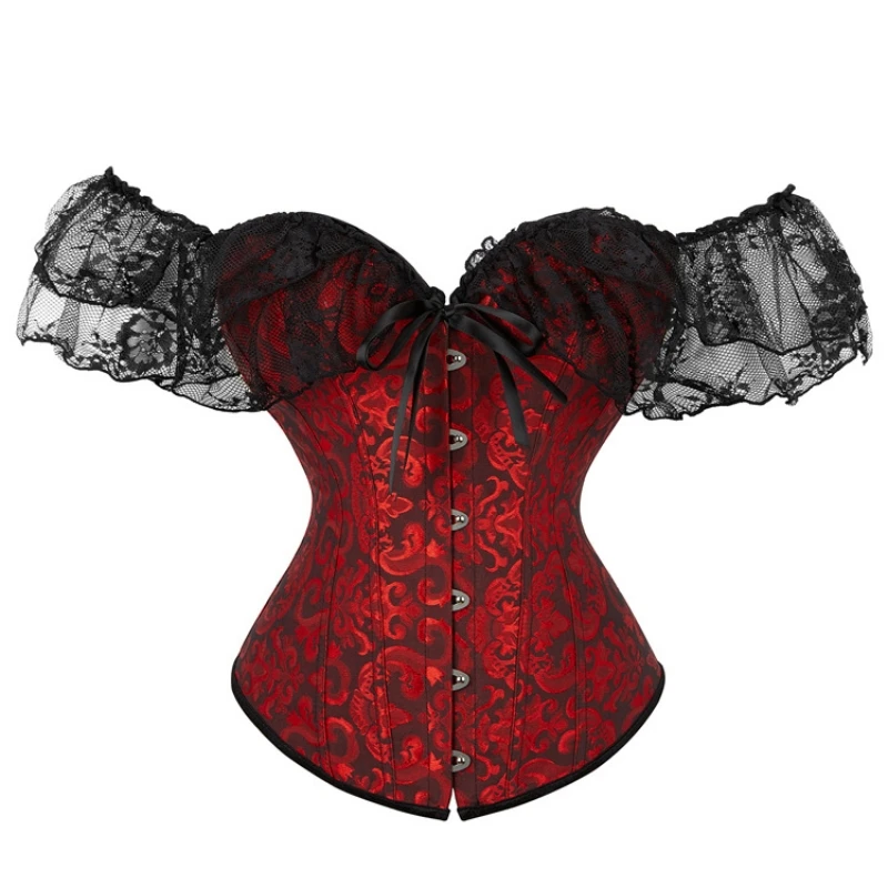 Women Sexy Corset Top Plus Size Vintage Flowers Lace Up Trim With Sleeves Shoulder Bustier Satin Overbust Burlesque Costumes