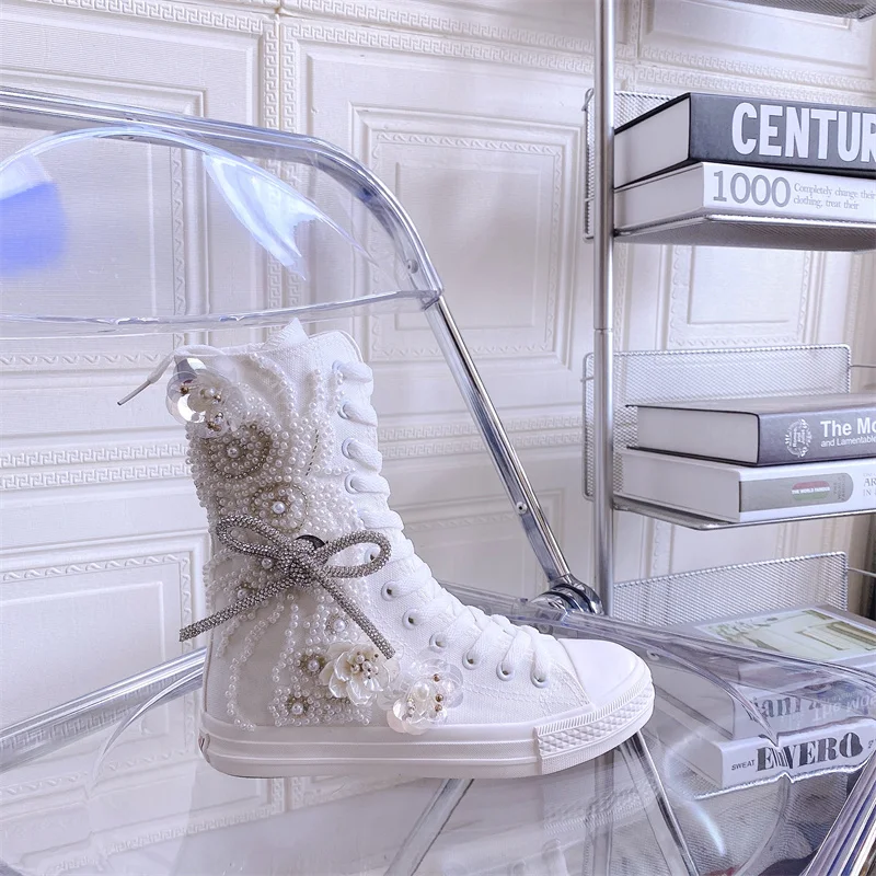 Women Round Toe High Heel Canvas Boots DIY Flowers Pearls Tassels Flat Casual Shoes Solid White Lolita Sweet Girls New Year Gift