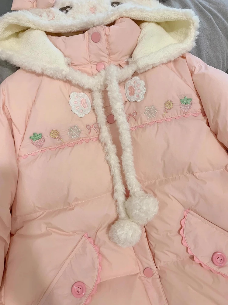 Preppy Style Winter Embroidery Warm Women Parka Harajuku Zippers Casual Rabbit's Ears Hooded Tops Y2k Aesthetic Pocket Pink Coat