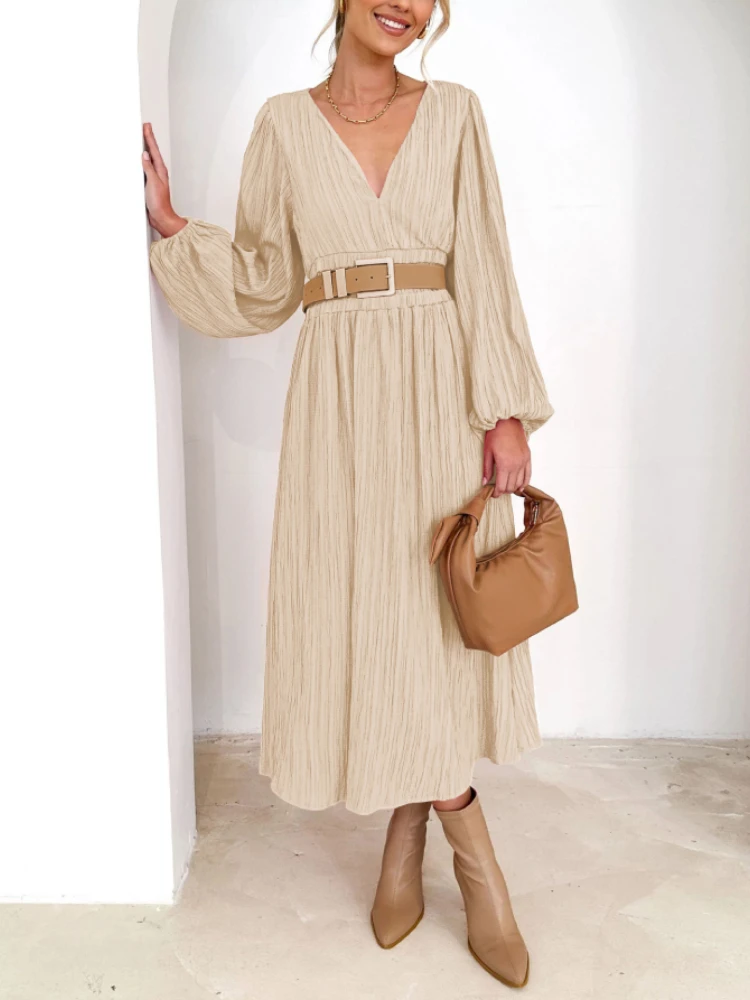 

Women Long Lantern Sleeve Dresses Autumn Chic Woman Fashion Wrinkled Design Long Dress Office Party Loose V-Neck Solid Vestido