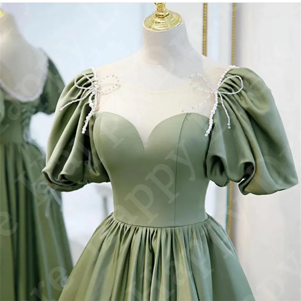 Groene Prinses Quinceanera Jurk Kralen Poff Korte Mouwen Veters Bace A-Lijn Satijnen Prom Avondjurk Vrouwen Trouwjurk Feestjurk