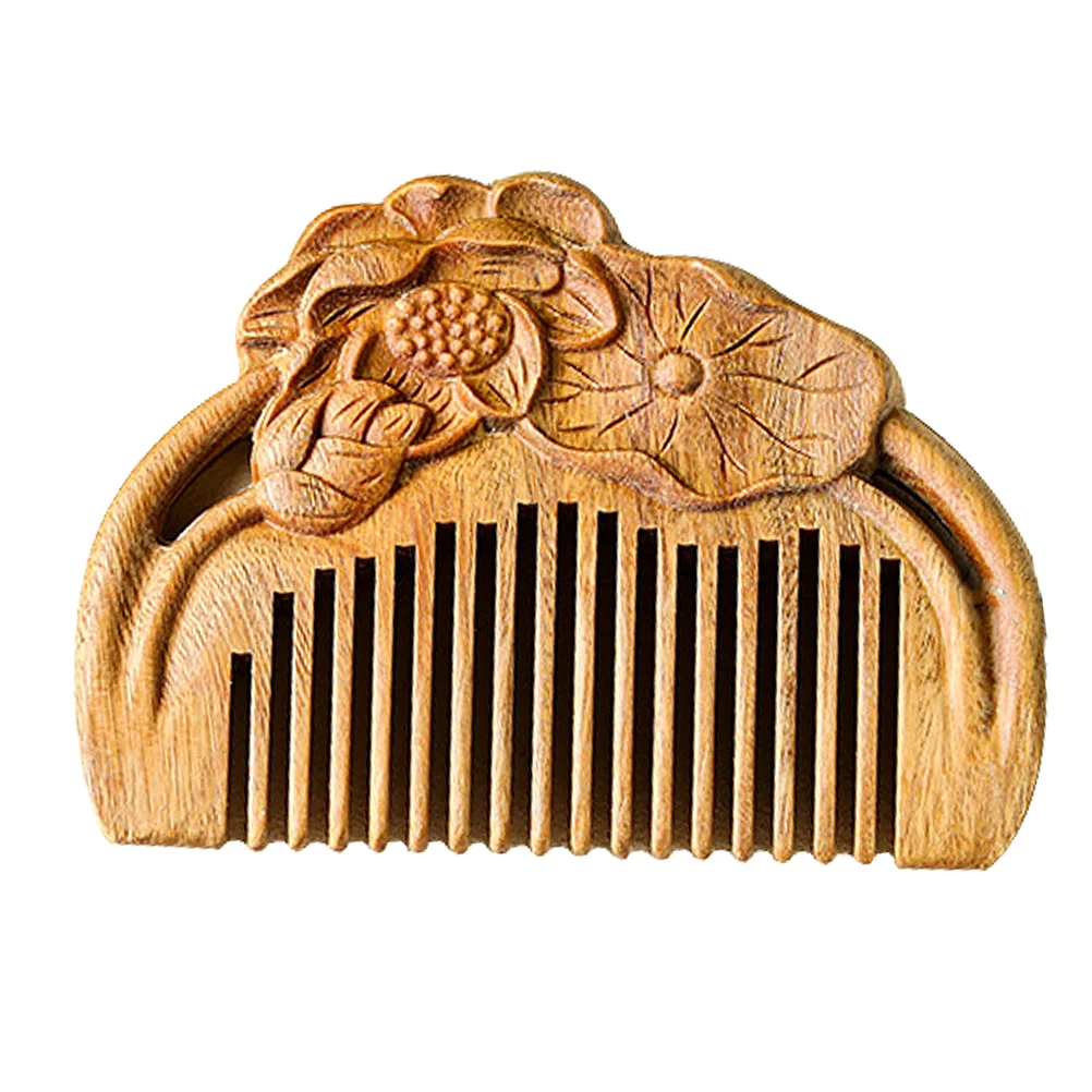 

Scalp Massager Wooden Comb Hair Brush Sandal Vintage Carved Lotus Sandalwood Care Brown