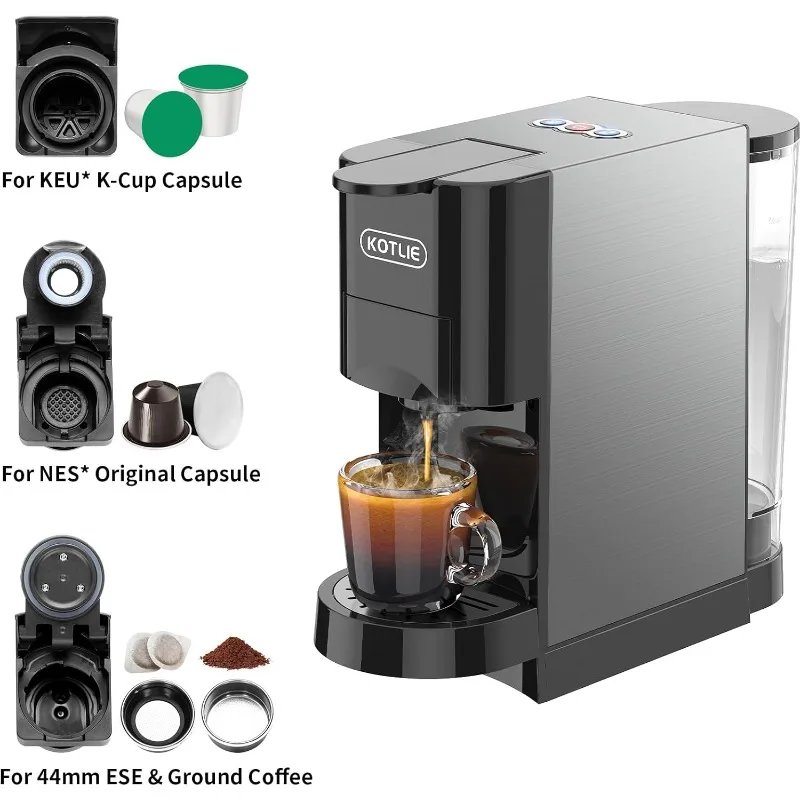 KOTLIE 19Bar Espresso Machine, 4in1 Coffee Machine for K cups Capsule/Nespresso original Capsules/Ground Coffee/44mm ESE Coffee