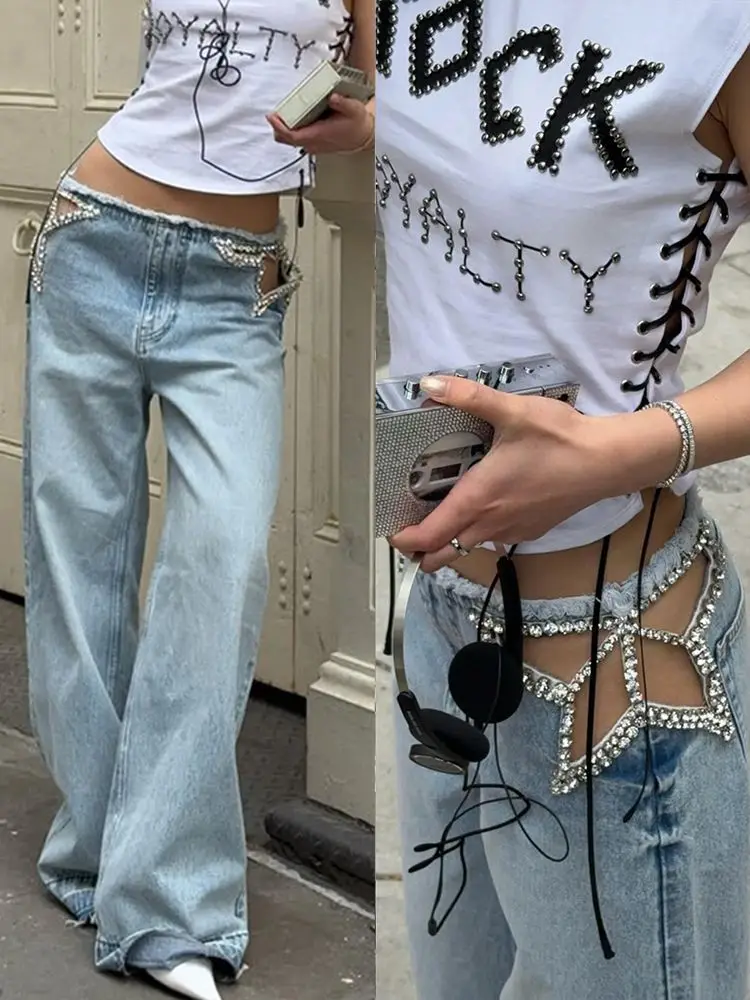 Retro Star Hollow Hot Diamond Jeans Women Spice Girl Design Sense Casual Low Waist Jeans Mopping Trousers
