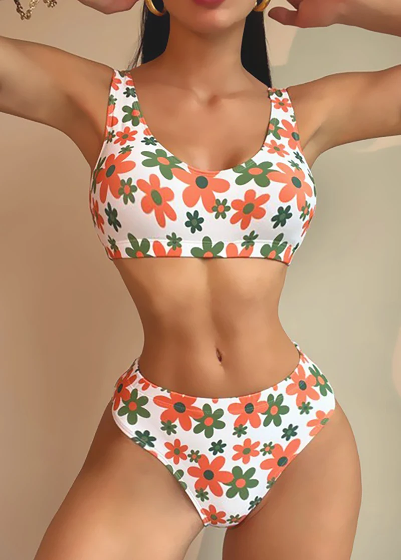 Conjunto de Bikini de realce para mujer, traje de baño acolchado con estampado de flores, de corte alto, novedad de 2023