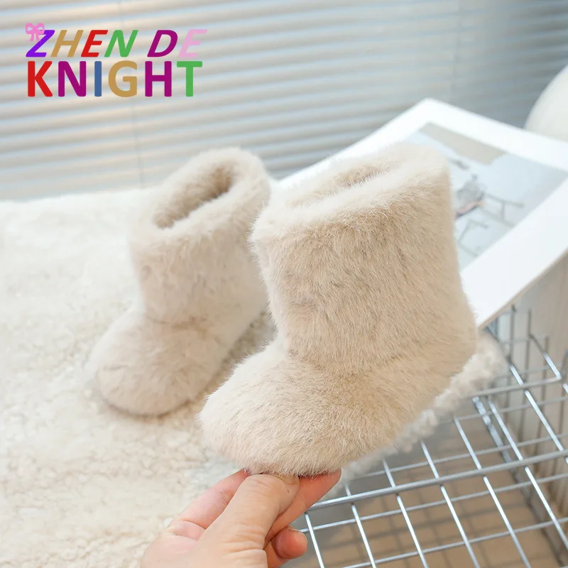 

Однотонные короткие сапоги для мальчиков, коллекция 2025 года, зимняя теплая обувь на флисовой подкладке, модная пушистая детская плюшевая обувь для девочек