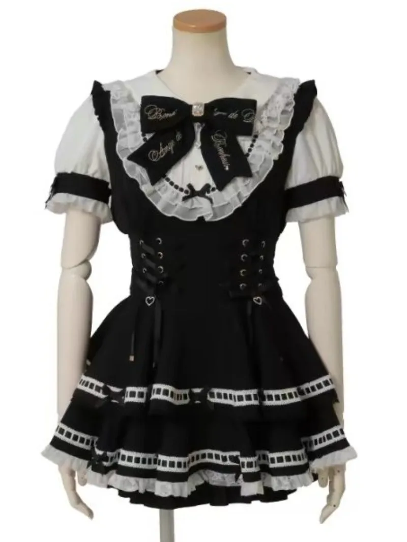 Kawaii Black White Gothic Lolita Dress Puff Short Sleeve Tiered Suspender Skirt Lace Bow Sweet Girly Jirai Kei Costume view 4