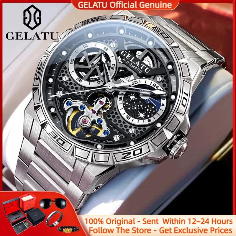 

GELATU 6020 Luxury Hollow Men Automatic Mechanical Watch Creative HD Honeycomb Moon Phase Starry Sky Dial Waterproof Men Watch