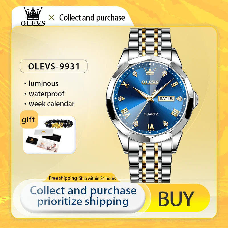 

OLEVS Original Men‘s Watches Quartz Wristwatch Luminous Waterproof Watch for Men Prismatic surface Mirror Date Week Luxury Dress