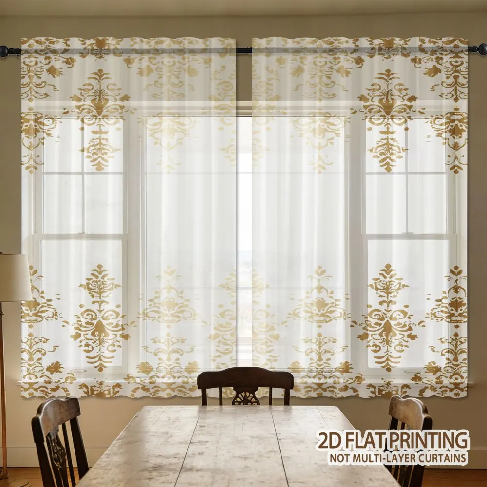 2PCS palace style golden transparent curtains, filter and breathable, suitable for living rooms, bedrooms, kitchens, pole style