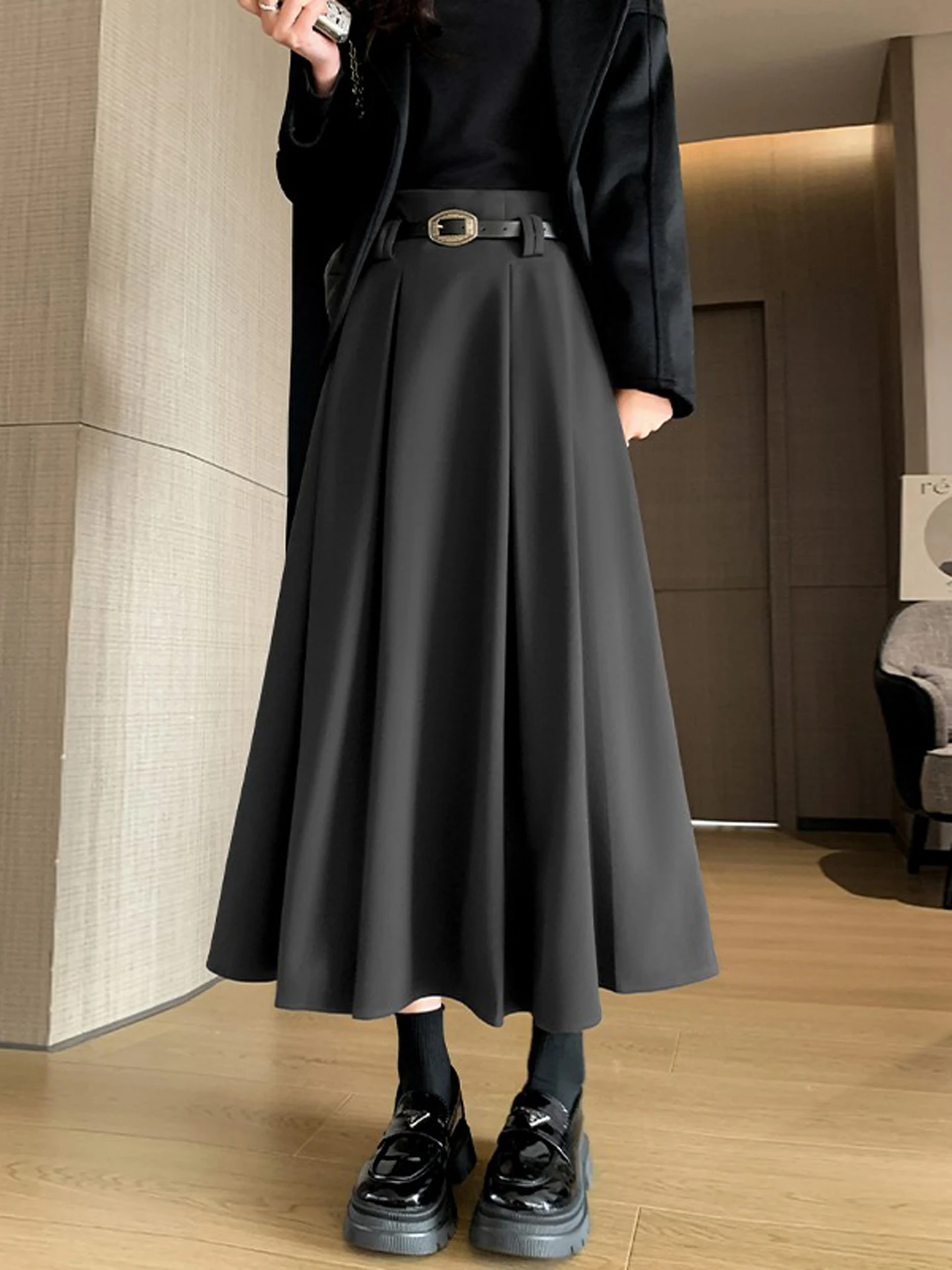 

ay шерстяной костюм f юбка женская осень-зима новая средней длины до бедер тонкая плиссированная юбка трапециевидной формы с высокой талией