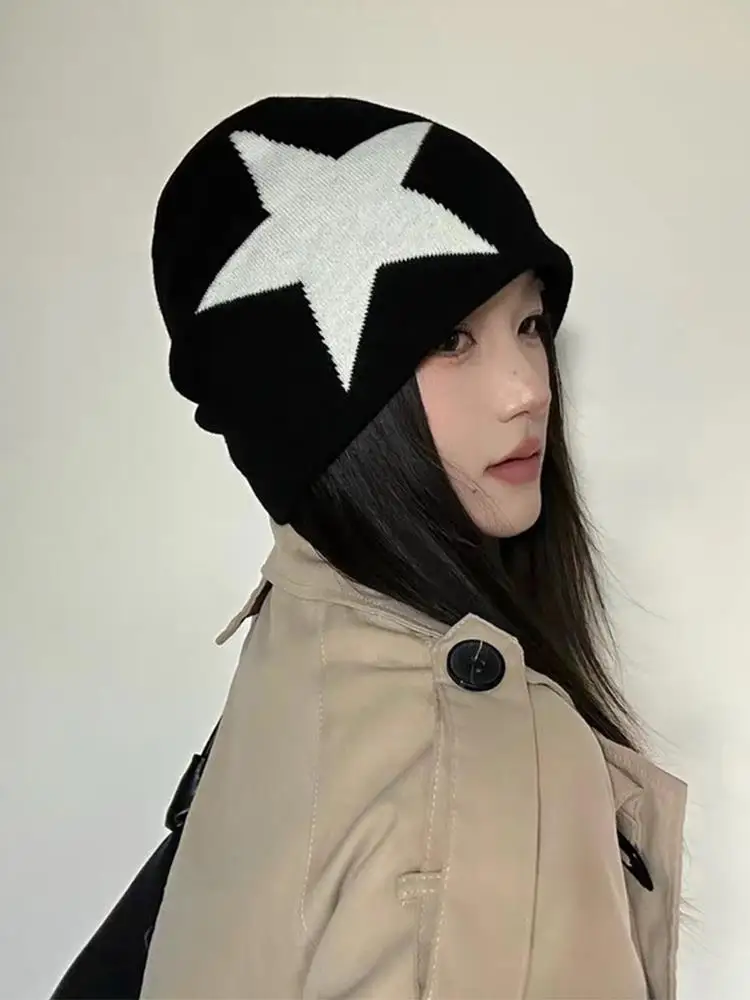 AliExpress NONE Winter Autumn Warm Knitted Beanies Women Men Y2K Star Pattern Hip Hop Hat Outdoor Cycling Warm Pullover Hat Cold Hat Streetwear