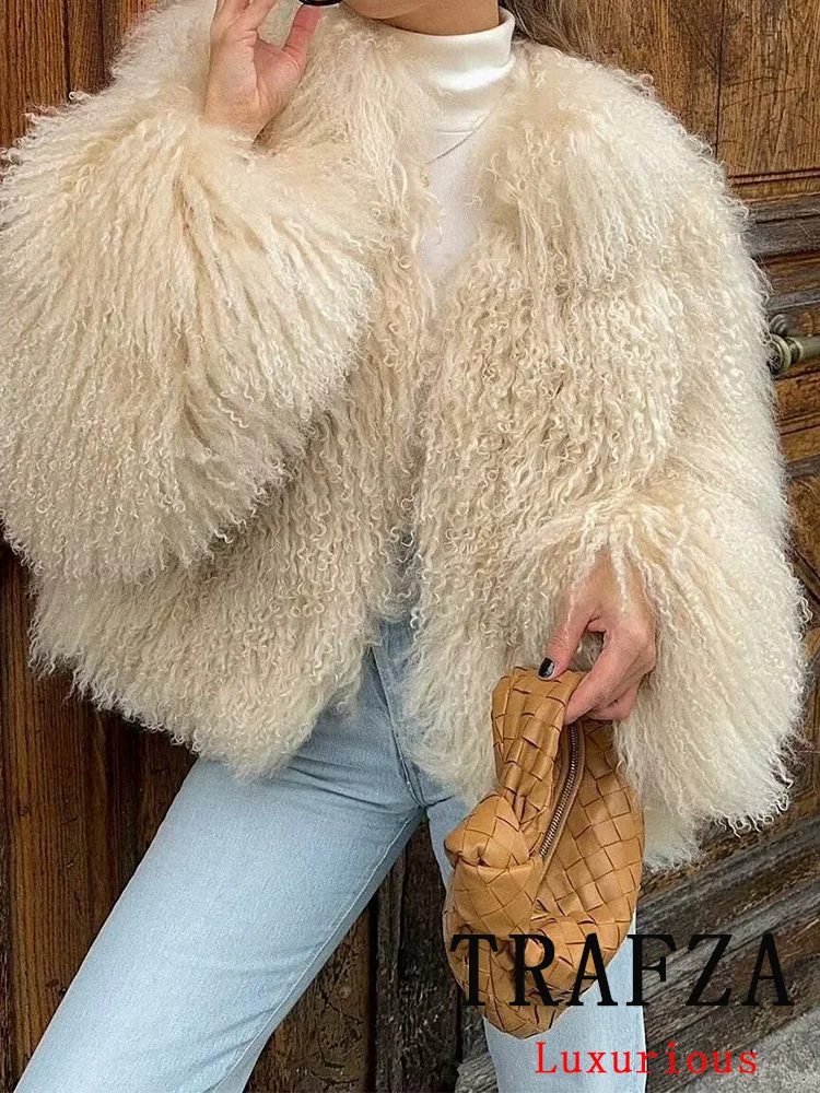 TRAFZA Vintage Casual Chic Women Fur Coat Solid O-Neck Single Breasted Thick Faux Fur Top Fashion 2024 Autumn Winter Holiday Top