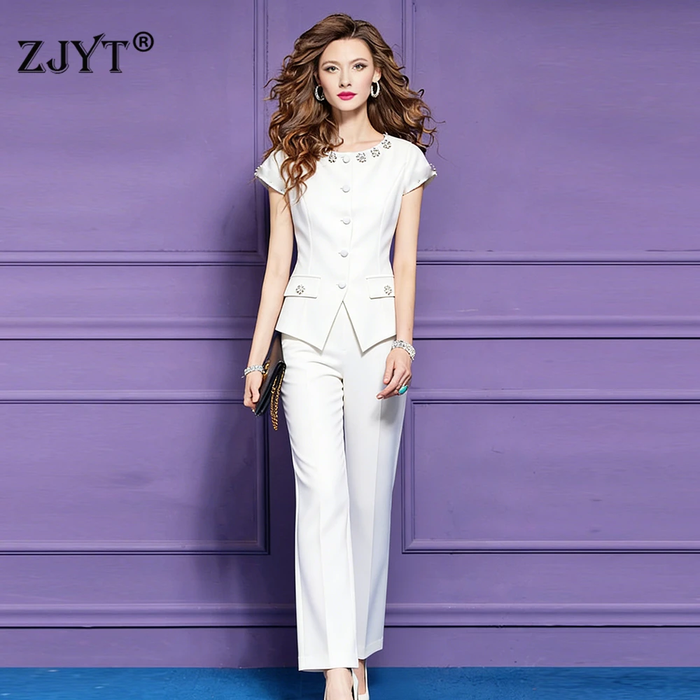 

ZJYT Summer Designer Beading Short Sleeve Top and Pants 2 Piece Matching Sets Office Lady Casual Trousers Suit Clothes White