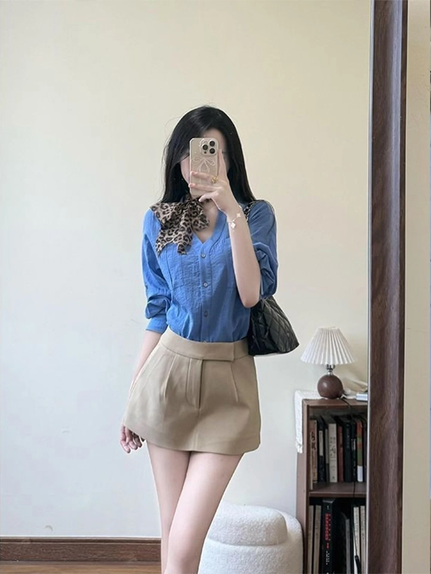 Klein Blue Shirt Set Women's Early Autumn Beautiful Long Sleeve Blouse Half Skirt Two Piece Set Fashionable Commute Style