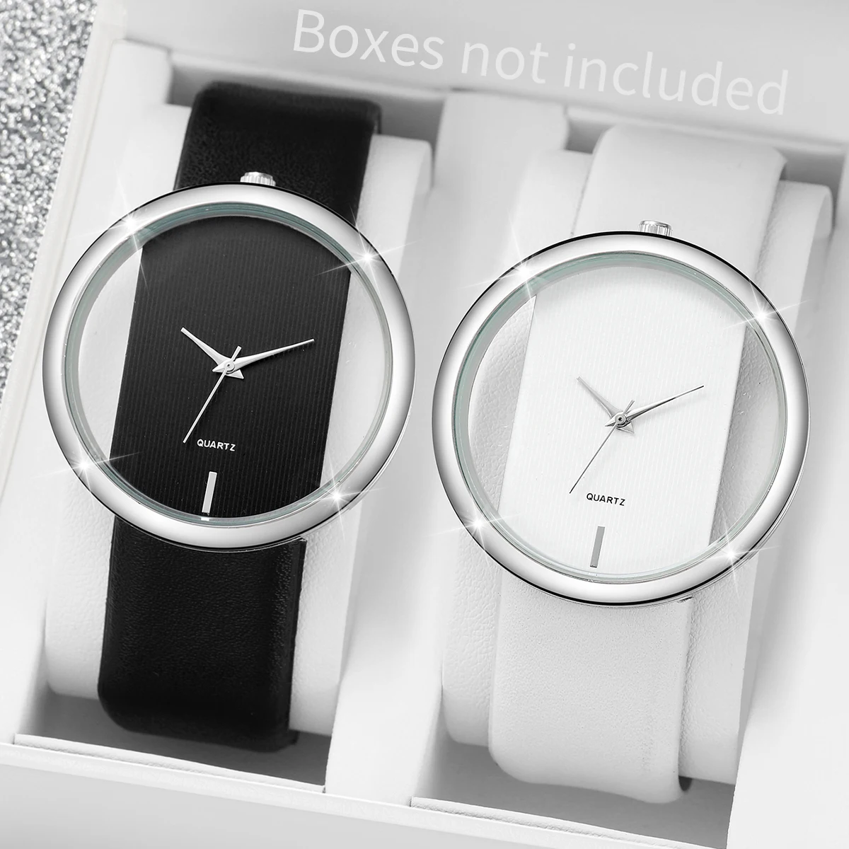 2PCS Couple\'s Watches Fashion Hollow Out Dial Women’s Watch Leather Band Analog Quartz Wristwatch(Without Box)