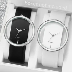 2PCS Couple's Watches Fashion Hollow Out Dial Women’s Watch Leather Band Analog Quartz Wristwatch（Without Box）