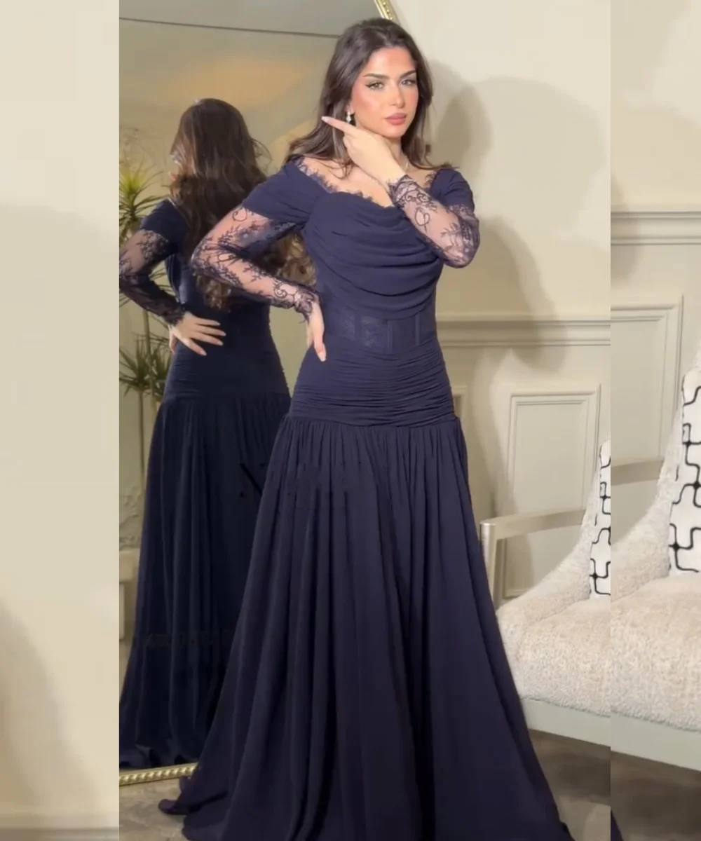 

Customized Classic Charmeuse Pleat Lace A-line Off-the-shoulder Long Evening Dresses Luxury 2026 Matching