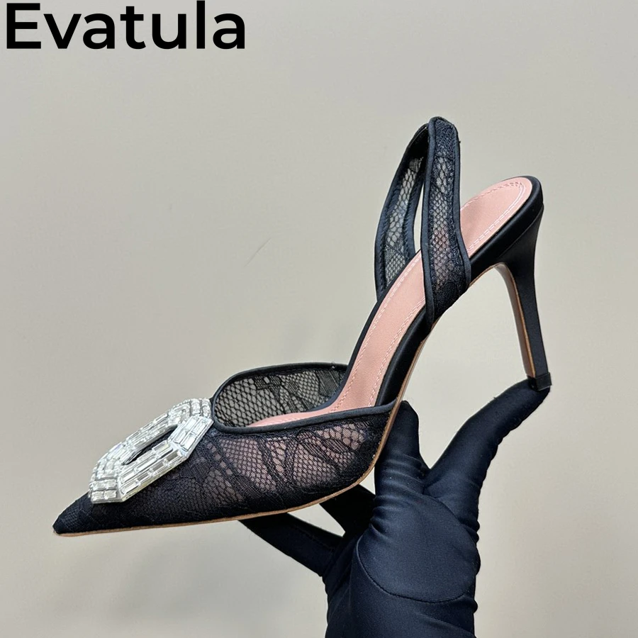 2025 Summer Black Lace Goblet High Heel Sandals Women Pointed Toe Crystal Buckle Slingbacks Pumps Sexy Party Wedding Shoes Femme